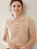 Womens Polo Neck Cashmere Sweater Short Sleeve Cable Knit Cashmere Top Beige XS