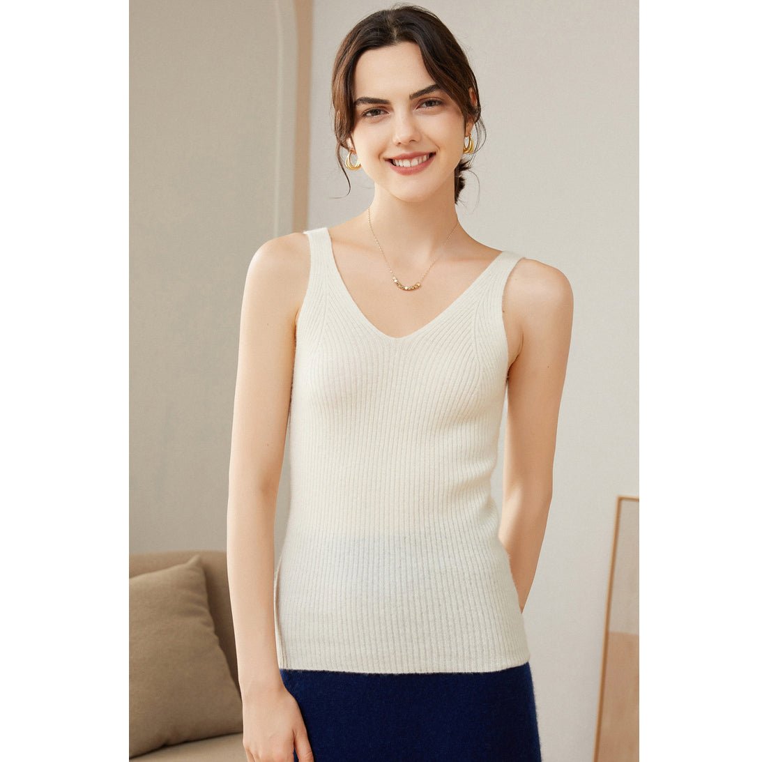 Women's Ribbed 100% Cashmere V-Neck Tank - slipintosoft