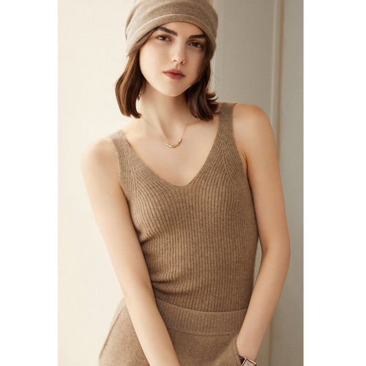 Women's Ribbed 100% Cashmere V-Neck Tank - slipintosoft