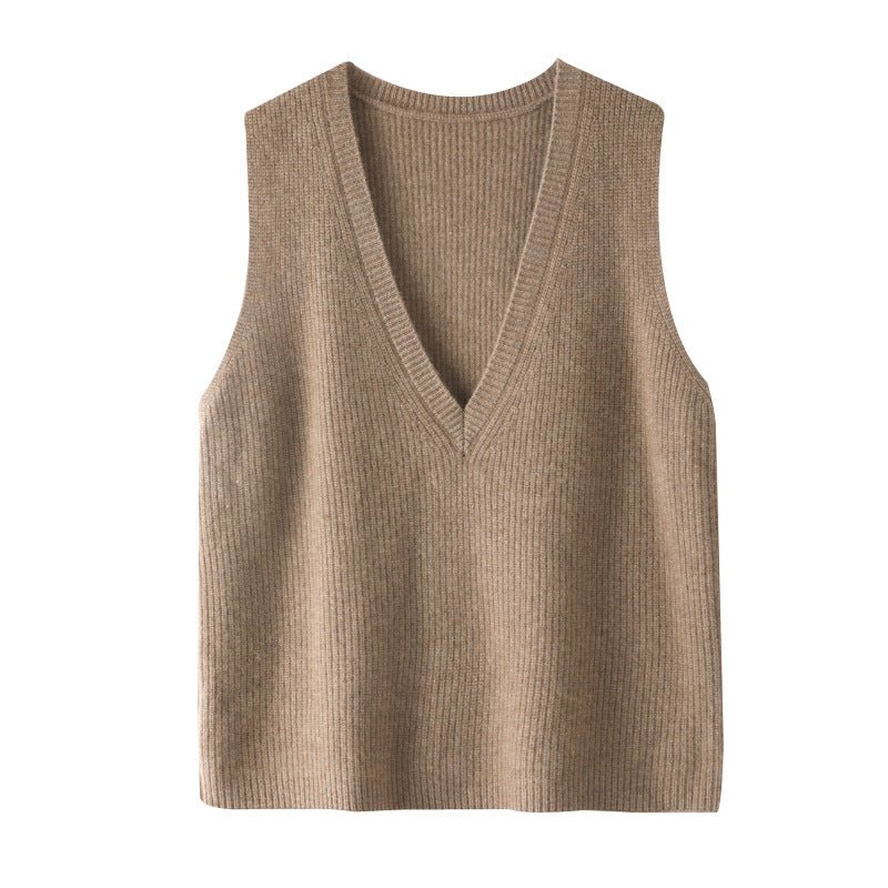 Womens V - Neck Sleeveless Cashmere Vest Ribbed Trim Cashmere Waistcoat