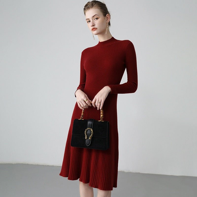 Womens Ribbed Cashmere Midi Dress Mock Neck Cashmere Sweater Dress Fitted Cashmere Dress Claret XS