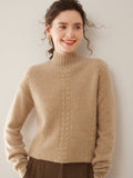 Womens Ribbed Mock Neck Cashmere Sweater Cable Knit Cashmere Pullover Camel XS