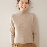 Womens Ribbed Mock Neck Cashmere Sweater Cable Knit Cashmere Pullover Camel XS