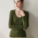 Womens Scoop Neck Cashmere Sweater Long Sleeve Cashmere Knit Top Green XS
