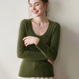 Womens Scoop Neck Cashmere Sweater Long Sleeve Cashmere Knit Top Green XS