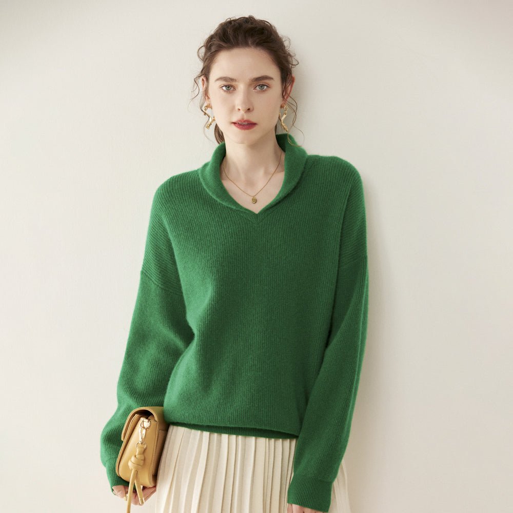 Womens Shawl Collar Cashmere Sweater V Neck Long Sleeve Cashmere Pullover Green XS