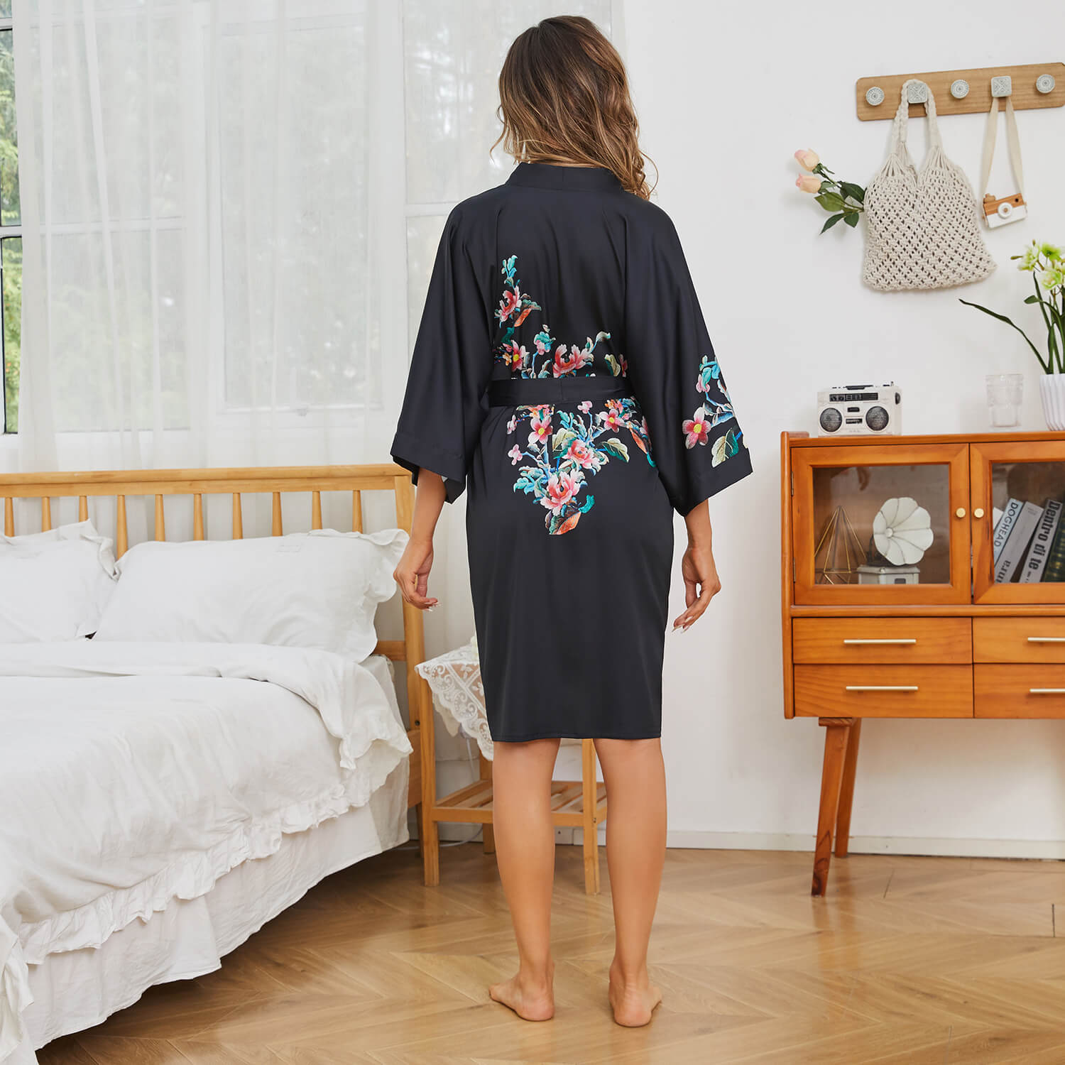 Women's Short Silk Kimono Robe with Belt White Hand Painted Cherry Blossom Bath Robes All Sizes - slipintosoft