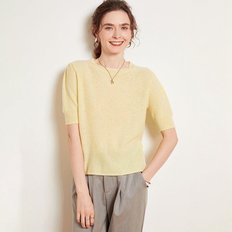 Womens Short Sleeve Cashmere Sweater Crew Neck Cashmere Knit Pullover Top Yellow XS