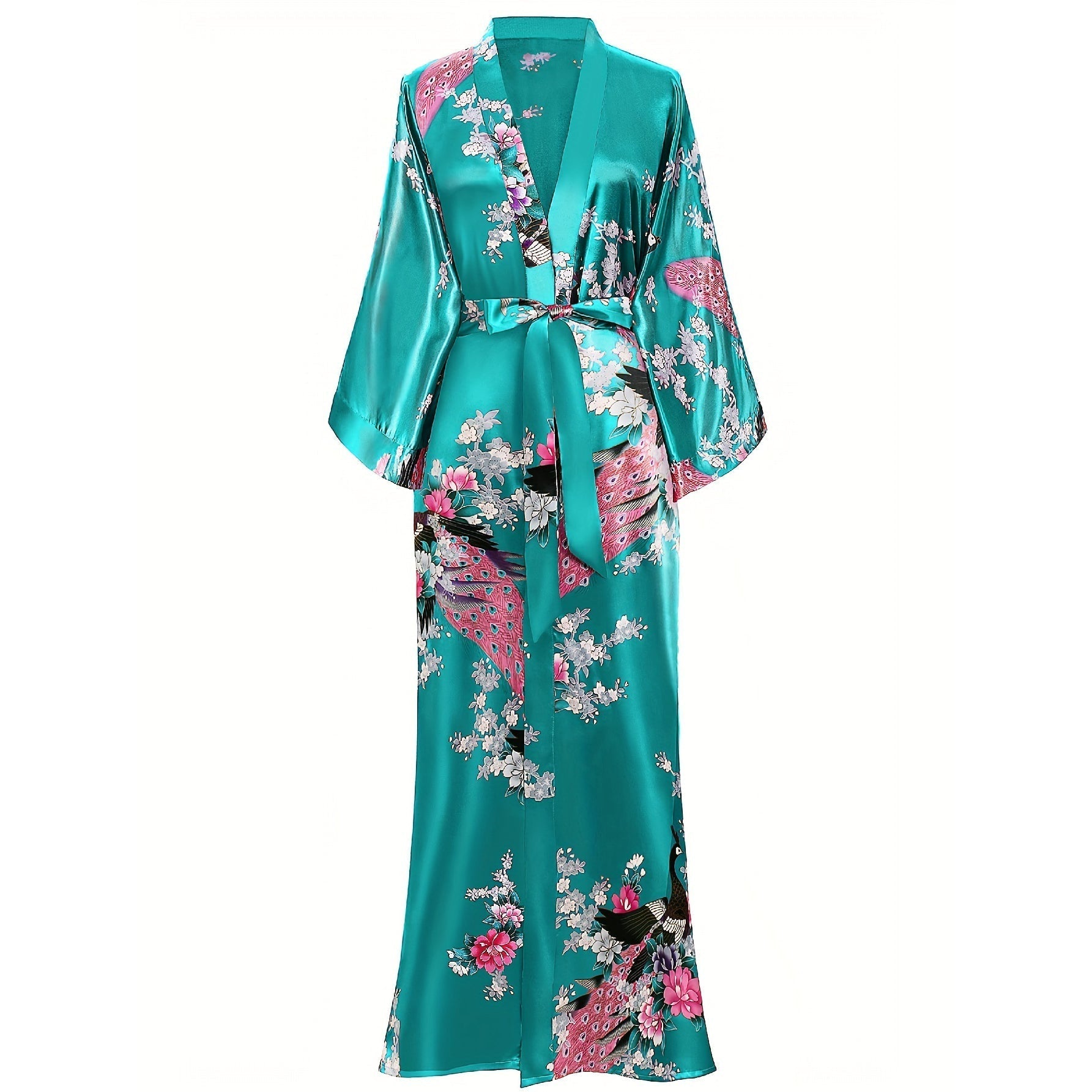 Womens Silk Kimono Peacock and Floral Print Kimono Silk Long Silk Robe