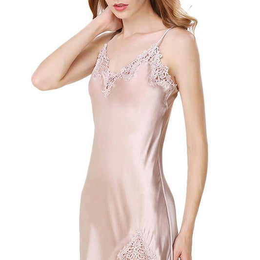 19 Momme Women's Silk Nightgown with Lace Ladies V Neck Thin Slip Strap Sexy Short Nightwear All Sizes Beige and Pink -  slipintosoft