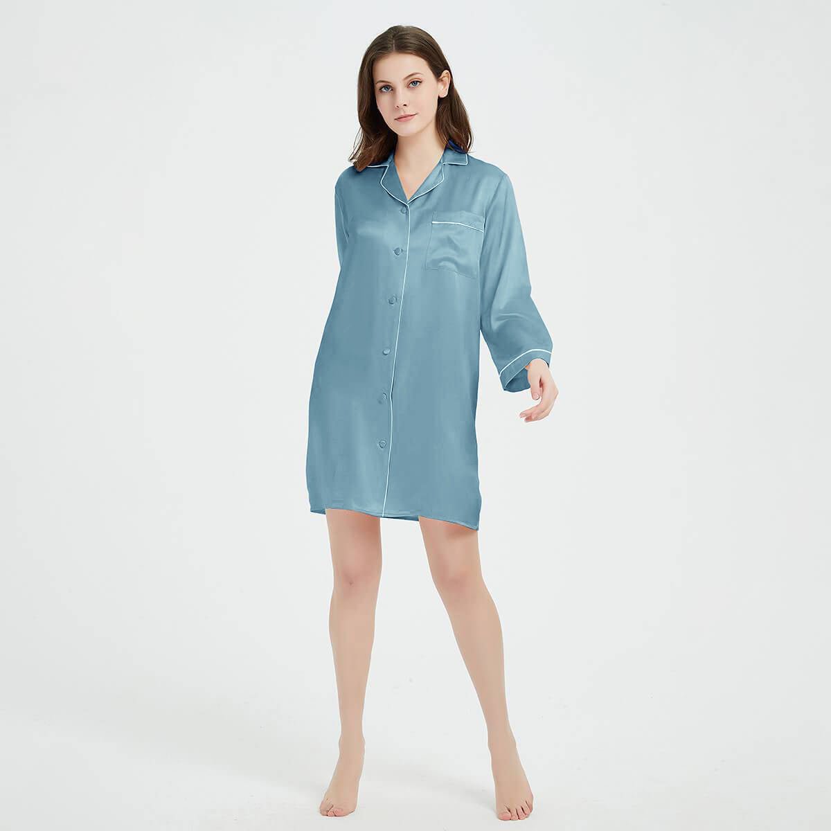 Womens Silk Sleep Shirt Silk Long Sleeve Nightshirt Button Down Silk Pajama Top Dress - slipintosoft