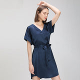 Elegant V Neck Silk Nightgown with belt Women Short Sleeves Luxury Nightwear Silk Dress - slipintosoft