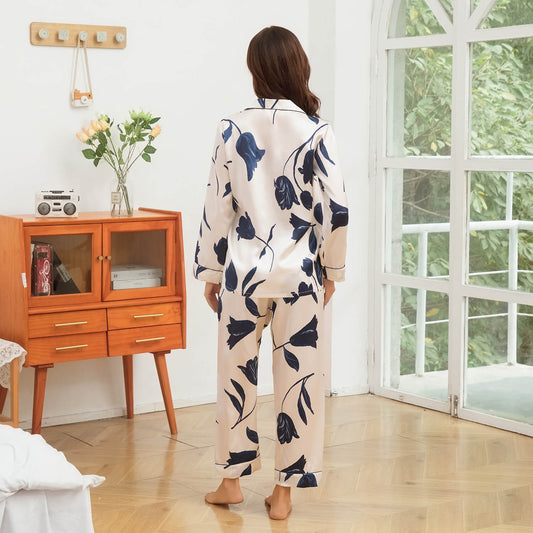 Women's Silk Pajamas Set Floral Print Button - Up Silk Sleepwear