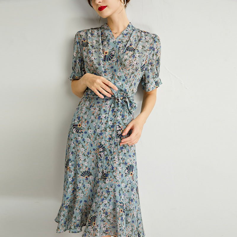 Womens Silk Wrap Midi Dress Fan Motif Ruffled Hem Blue Silk Dress
