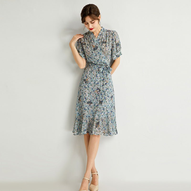 Womens Silk Wrap Midi Dress Fan Motif Ruffled Hem Blue Silk Dress
