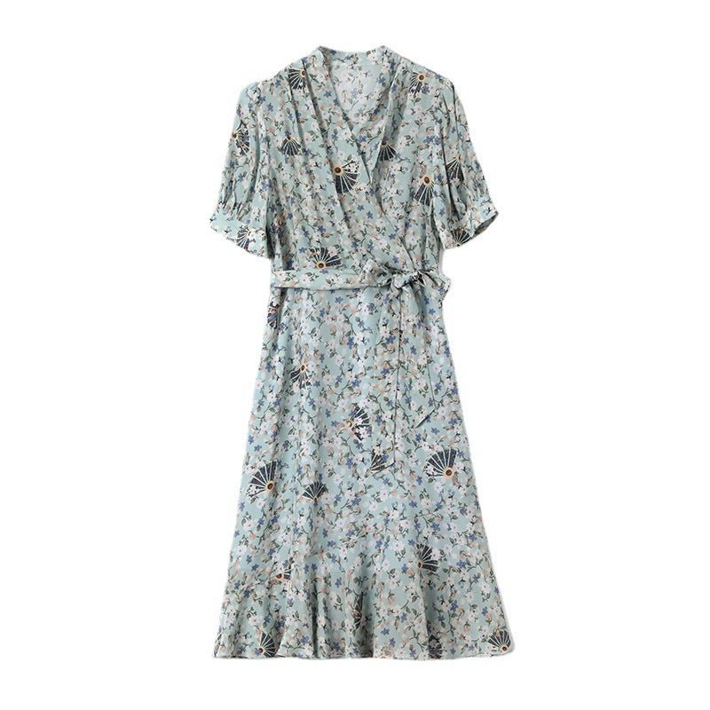 Womens Silk Wrap Midi Dress Fan Motif Ruffled Hem Blue Silk Dress