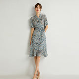 Womens Silk Wrap Midi Dress Fan Motif Ruffled Hem Blue Silk Dress