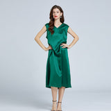 Women's Simple Slim V - neck Silk Dress 100% Mulberry Silk Sleeveless Dress Green XS