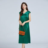Women's Simple Slim V - neck Silk Dress 100% Mulberry Silk Sleeveless Dress Green XS