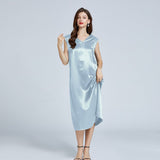 Women's Simple Slim V - neck Silk Dress 100% Mulberry Silk Sleeveless Dress Light Blue XS