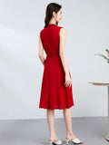 Womens Sleeveless Silk Midi Dress V Neck Silk Wrap Dress with Waist Tie Red XS