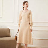 Women's Square Neckline Cashmere Dress Tea Length Knitted Dress - slipintosoft