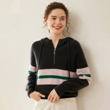 Womens Striped Cashmere Hoodie Half-Zip Cashmere Sweater Gray XS