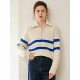 Womens Striped Cashmere Sweater Polo Collar Half-Zip Cashmere Pullover Ivory XS