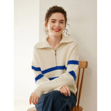 Womens Striped Cashmere Sweater Polo Collar Half-Zip Cashmere Pullover Ivory XS