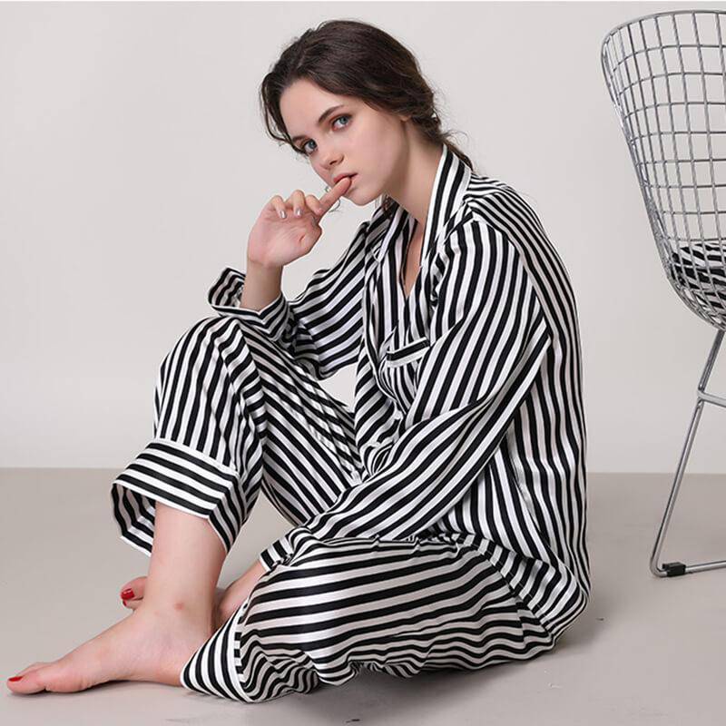 Women's Striped Silk Pajama Set Long Sleeve silk Sleepwear Stripe Silk PJS Balck or Pink and white - slipintosoft