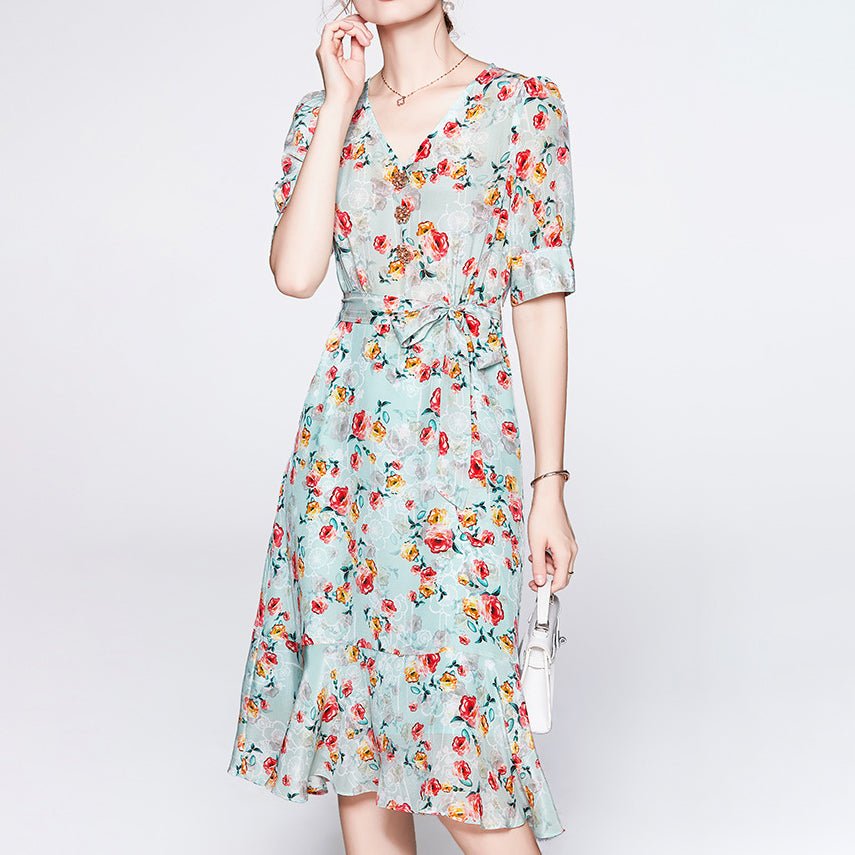 Women's Summer Silk Floral Dress V Neck Guest Party Silk Midi Dress