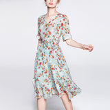 Women's Summer Silk Floral Dress V Neck Guest Party Silk Midi Dress