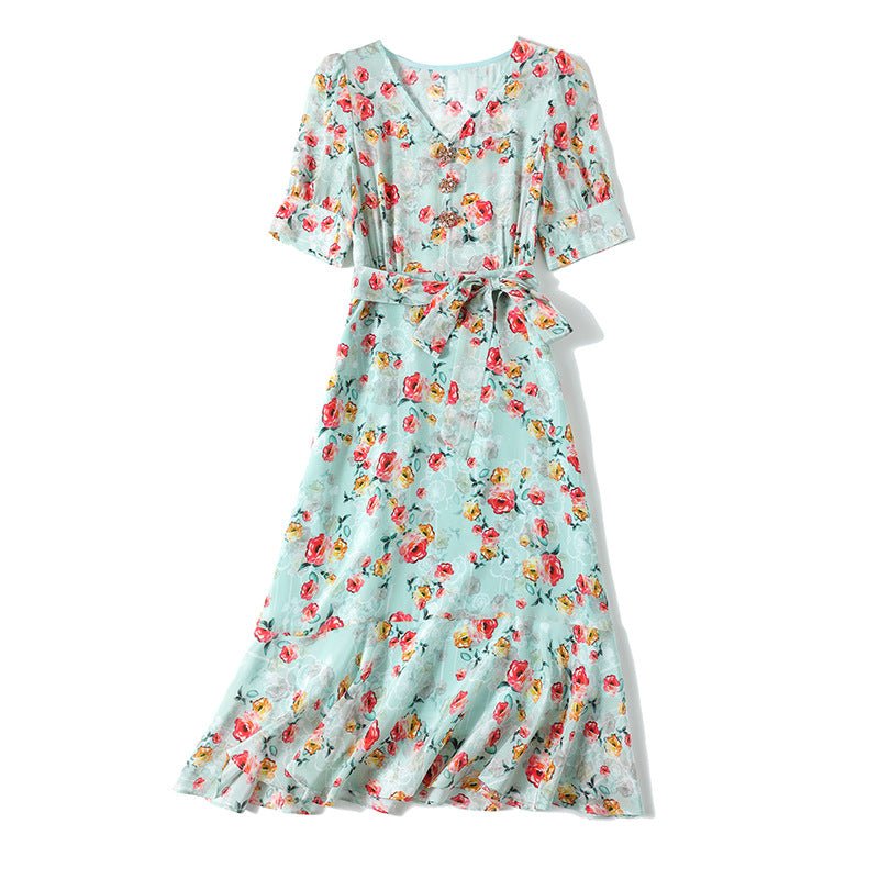 Spring New Women's Silk Floral Dress Pure 100% Pure Mulberry Silk Dresses - slipintosoft