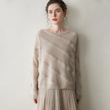 Womens Textured Cashmere Knit Sweater Crew Neck Long Sleeve Cashmere Pullover Oatmeal XS