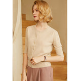 Women's Three-Quarter Sleeve 100% Cashmere Crewneck Cardigan - slipintosoft