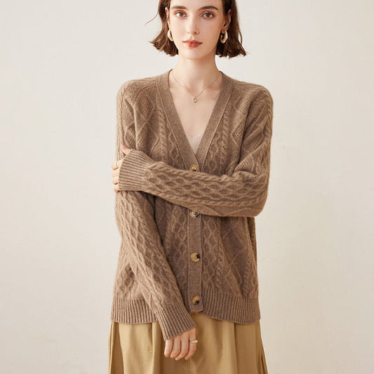 Women's V Neck Cashmere Cardigans Relaxed Fit Cable-Knitted Cashmere Sweater Coat - slipintosoft