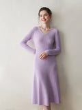 Womens V Neck Cashmere Dress Ribbed Knit Long Sleeve Cashmere Maxi Dress Purple XS