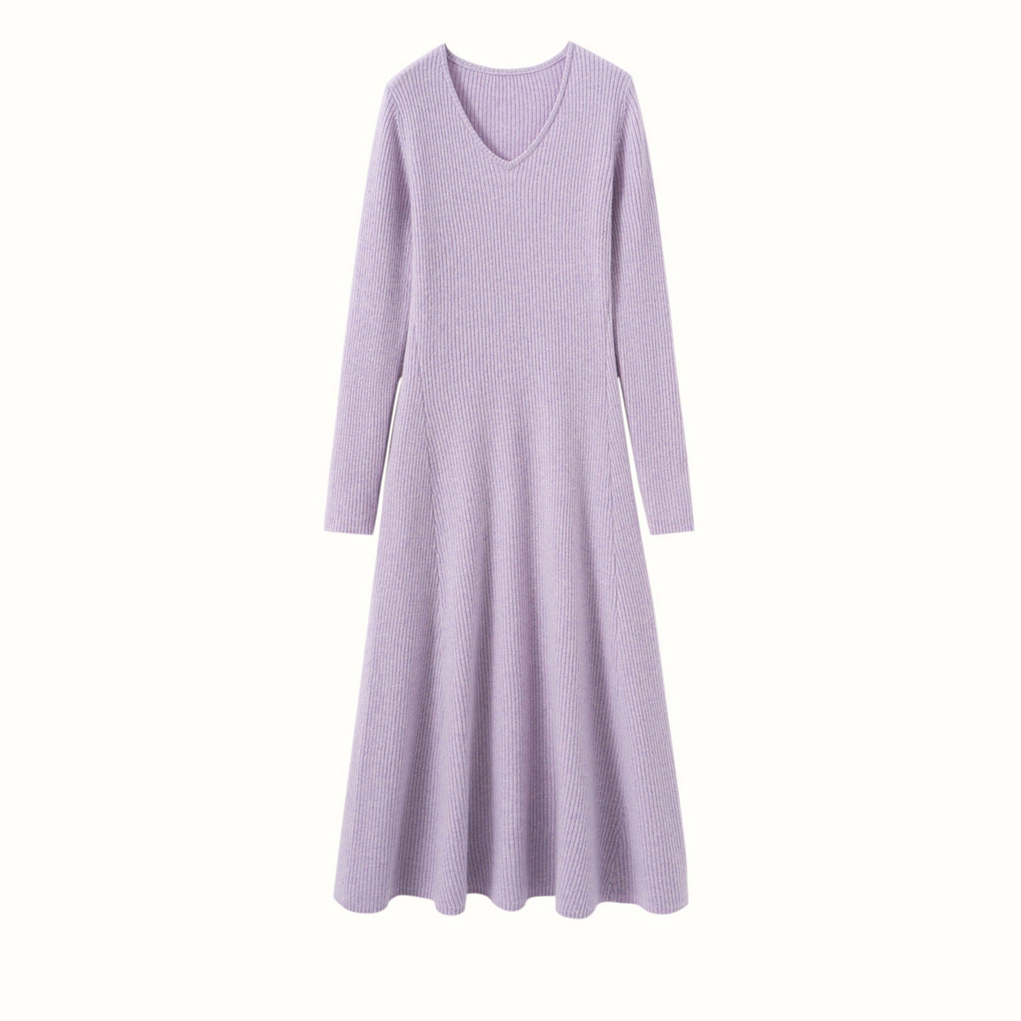 Womens V Neck Cashmere Dress Ribbed Knit Long Sleeve Cashmere Maxi Dress Purple XS
