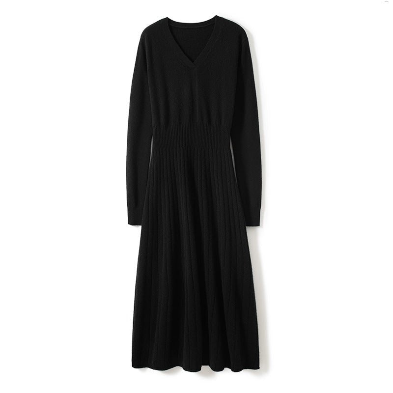 Women's V Neck Cashmere Dresses Knitted A Line Cashmere Dress - slipintosoft