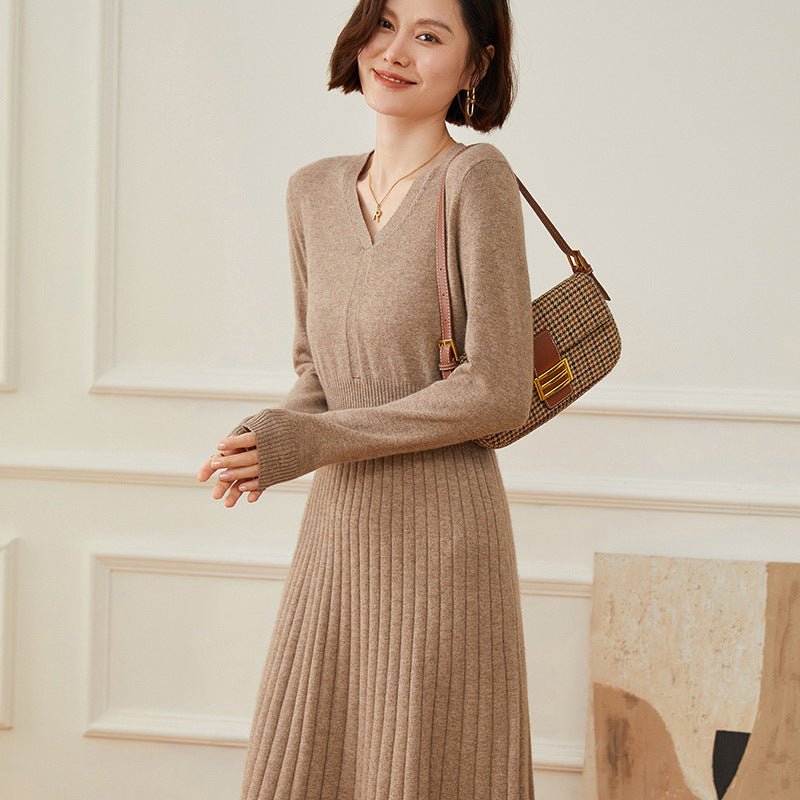 Womens Cashmere Ribbed Knit A - Line Dress Long Sleeve V Neck Midi Dress