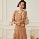 Womens Cashmere Ribbed Knit A - Line Dress Long Sleeve V Neck Midi Dress