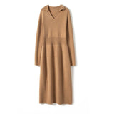 Women's V Neck Cashmere Dresses Tea Length Cashmere Waistband Midi Dresses - slipintosoft