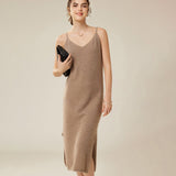 Women's V Neck Cashmere Slip Dresses Solid Cashmere Dress with Split Tea Length - slipintosoft