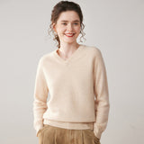 Womens V Neck Cashmere Sweater Long Sleeve Cashmere Knit Pullover Beige XS