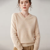 Womens V Neck Cashmere Sweater Long Sleeve Cashmere Knit Pullover Beige XS