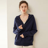 Womens Zip Up Cashmere Hoodie Cashmere Cardigan Long Sleeve Knit Sweater Navy Blue XS