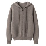 Womens Zip-Up Cashmere Hoodie Long Sleeve Cashmere Knitted Hooded Cardigan Taupe XS