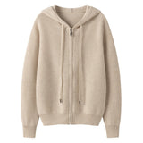 Womens Zip-Up Cashmere Hoodie Long Sleeve Cashmere Knitted Hooded Cardigan Beige XS