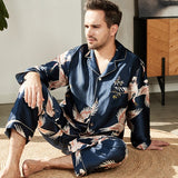 Luxuriöses bedrucktes Seidenpyjama-Set für Paare mit langen Ärmeln, Nachtwäsche, passender Seidenpyjama