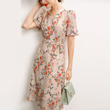 Glänzendes Seiden-Retro-Blumenkleid, 100 % reines Seidenkleid, kurzärmeliges Kleid, Midi-Seidenkleid